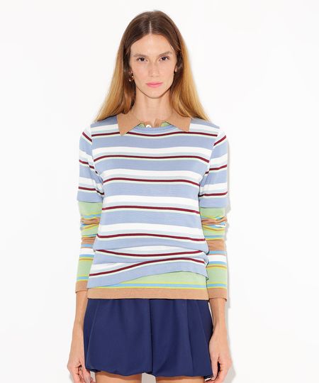 blusa de tricot manga curta listrada mindset azul PP
