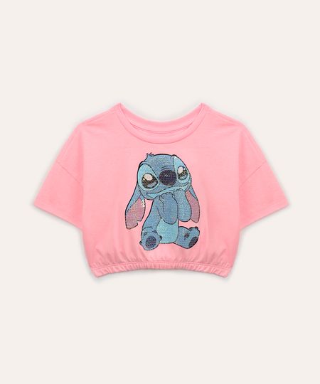 blusa de algodão infantil disney stitch com paetê manga curta rosa 4