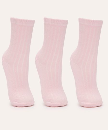 kit de 3 pares de meia canelada juvenil rosa 30-33
