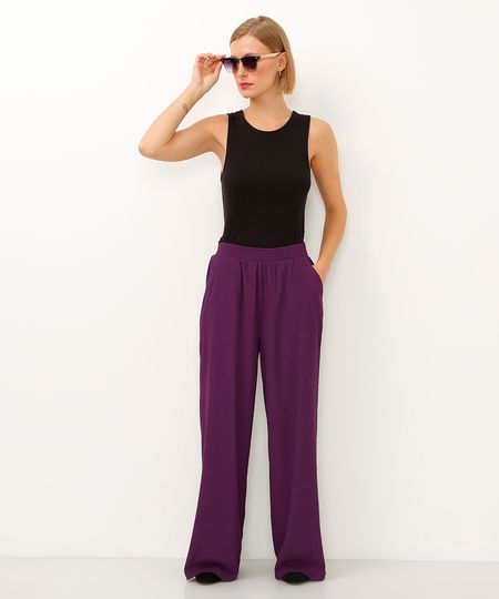 calça wide leg com bolsos texturizada roxa P calça wide leg com bolsos texturizada roxa P