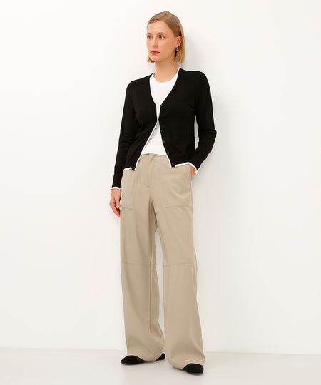 calça wide leg de alfaiataria cós com elástico bege 38