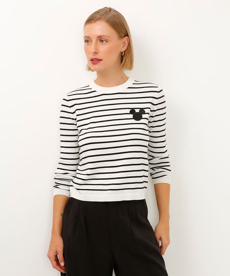 blusa de tricot manga longa mickey listrada off white PP
