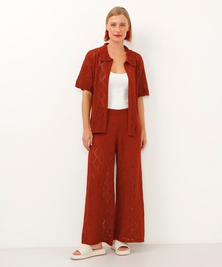 calça wide leg de tricot cintura alta terracota M