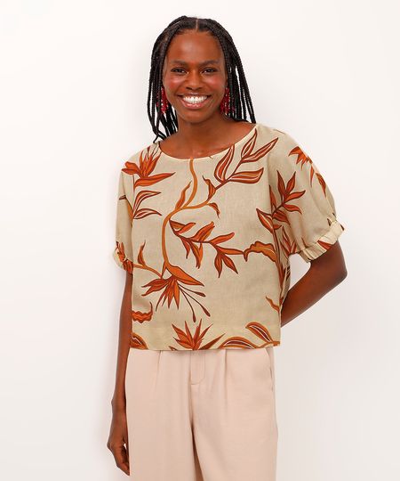 blusa com linho floral e elástico bege PP blusa com linho floral e elástico bege PP