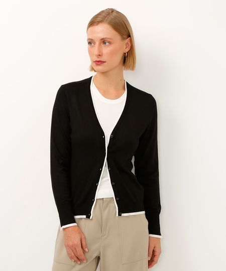 cardigan de tricot manga longa bicolor preto PP