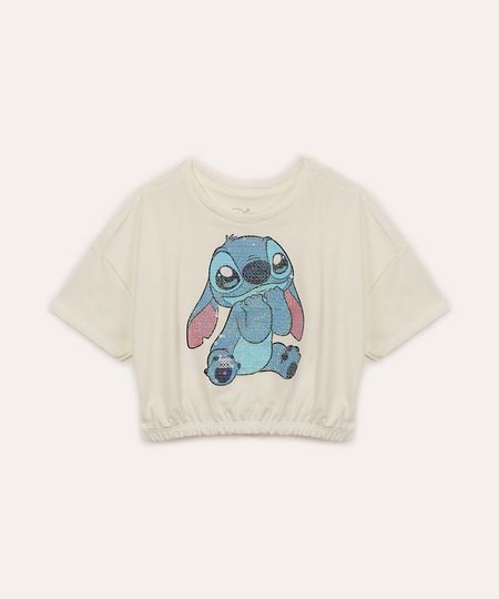 blusa de algodão infantil disney stitch com paetê manga curta rosa neon - off white 8