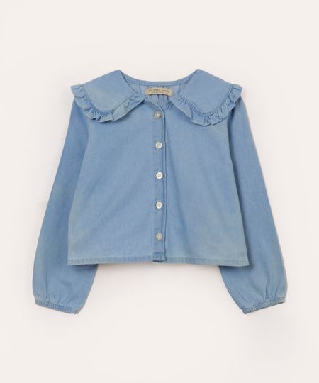 camisa jeans infantil gola boneca manga bufante azul 4