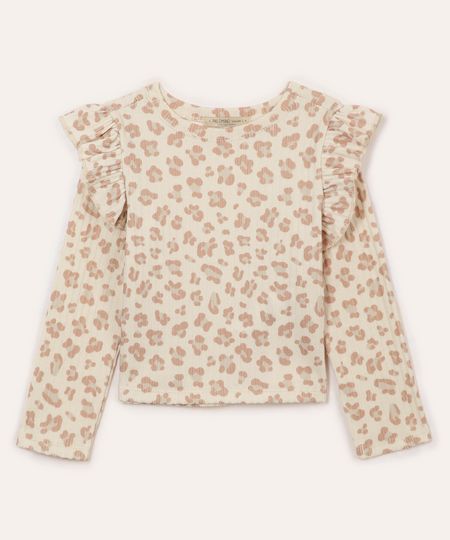 blusa manga longa com babados infantil animal print bege 4
