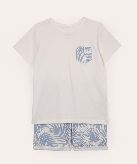 conjunto infantil camiseta manga curta folhagem e bermuda branco 1