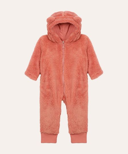 macacão infantil de pelúcia com capuz rosa 6-9