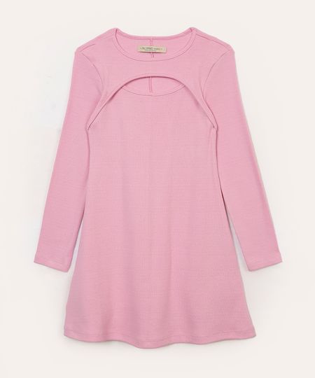 vestido de algodão infantil canelado com recorte rosa 4