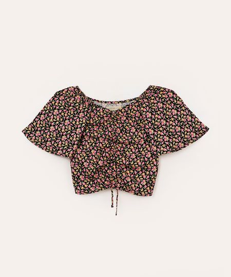 blusa de viscose infantil floral com franzido preta 10