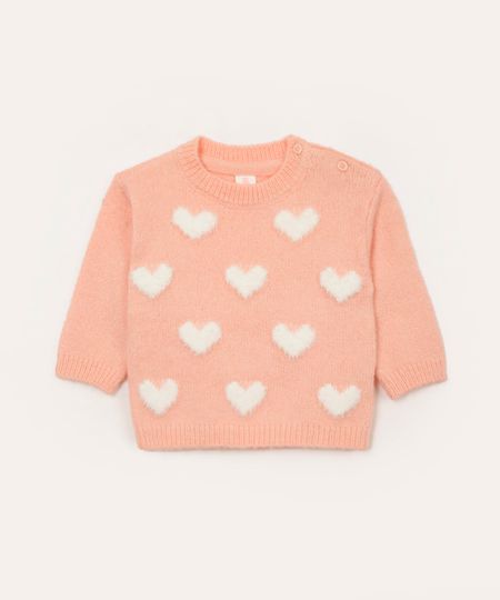 suéter de tricot infantil corações rosa 3-6