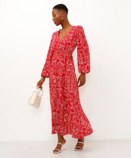 vestido longo de viscose folhagens vermelho PP