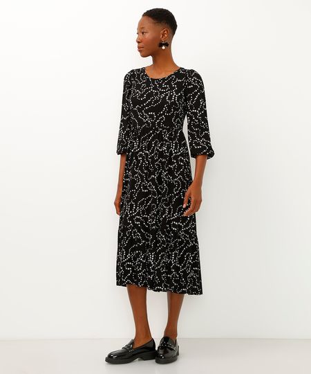 vestido midi de viscose floral com recorte preto PP vestido midi de viscose floral com recorte preto PP