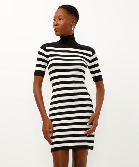 vestido curto de tricot listrado gola alta preto PP