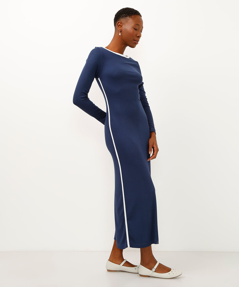 vestido midi de algodão canelado azul marinho