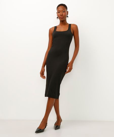 vestido midi de poliamida decote quadrado preto GG