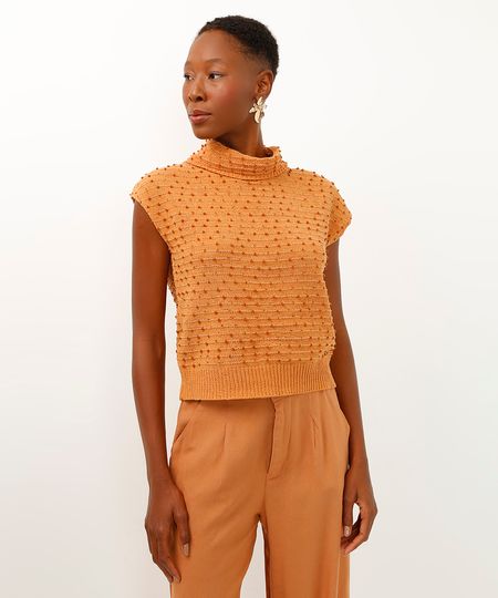 regata de tricot pompom gola alta rolê marrom G
