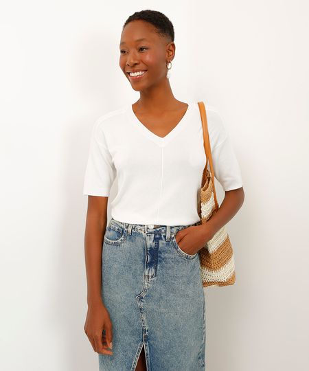 blusa de tricot decote v manga curta off white P