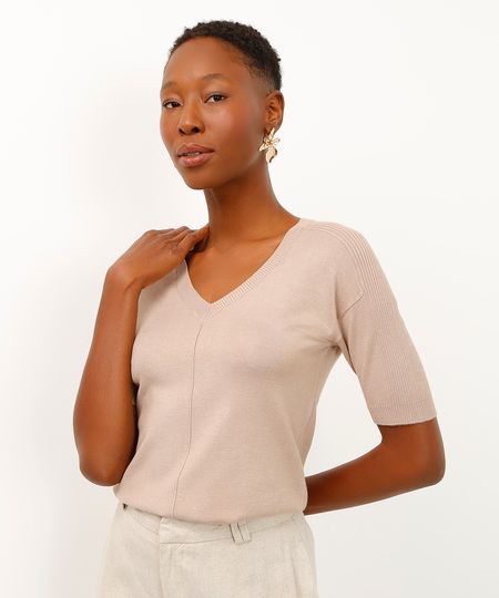 blusa de tricot decote v manga curta bege PP