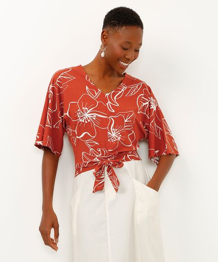 blusa de viscose floral com laço laranja PP blusa de viscose floral com laço laranja PP