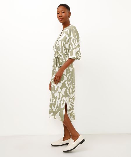 vestido chemise midi arabesco com faixa verde PP
