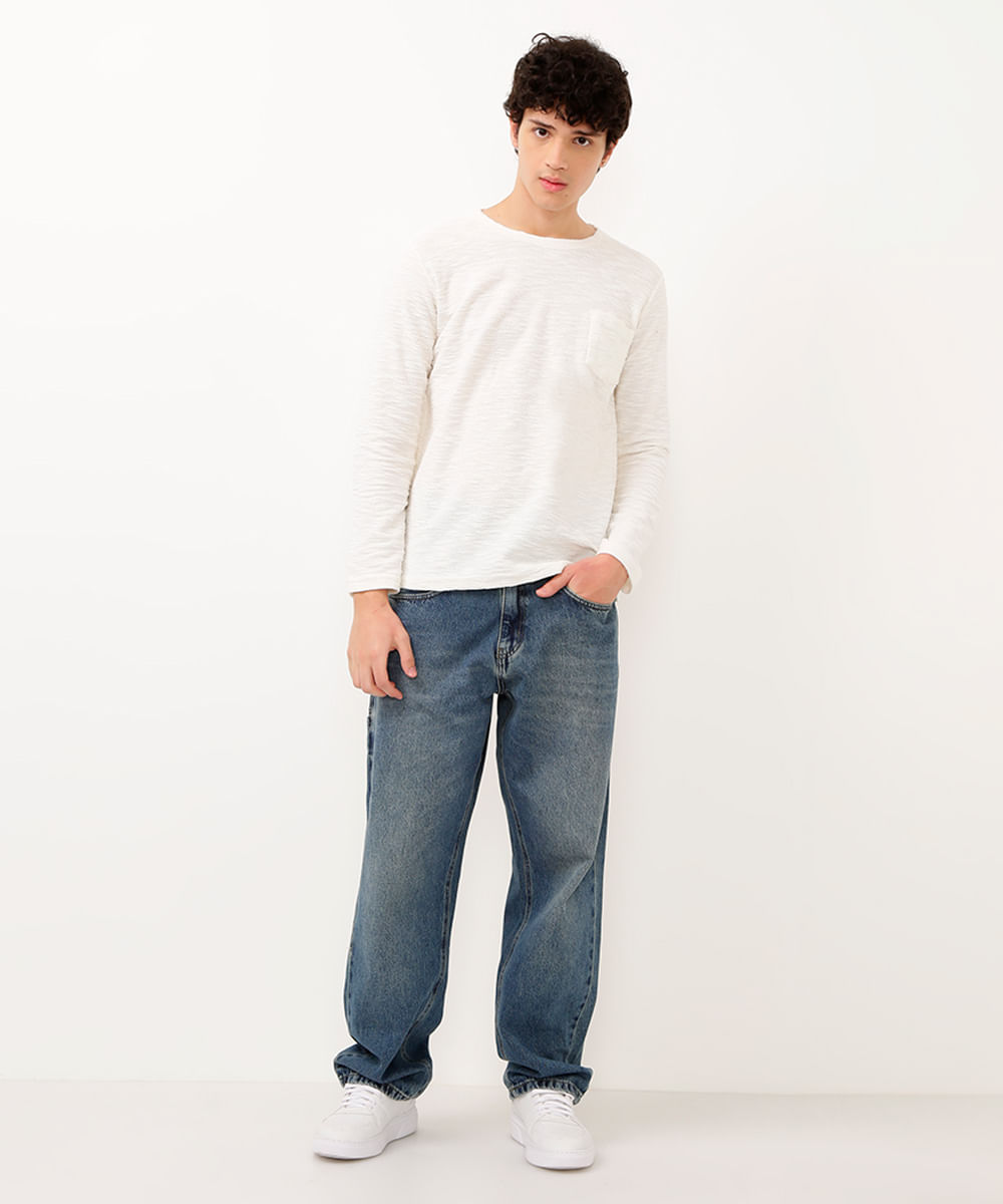 camiseta juvenil manga longa com bolso off white