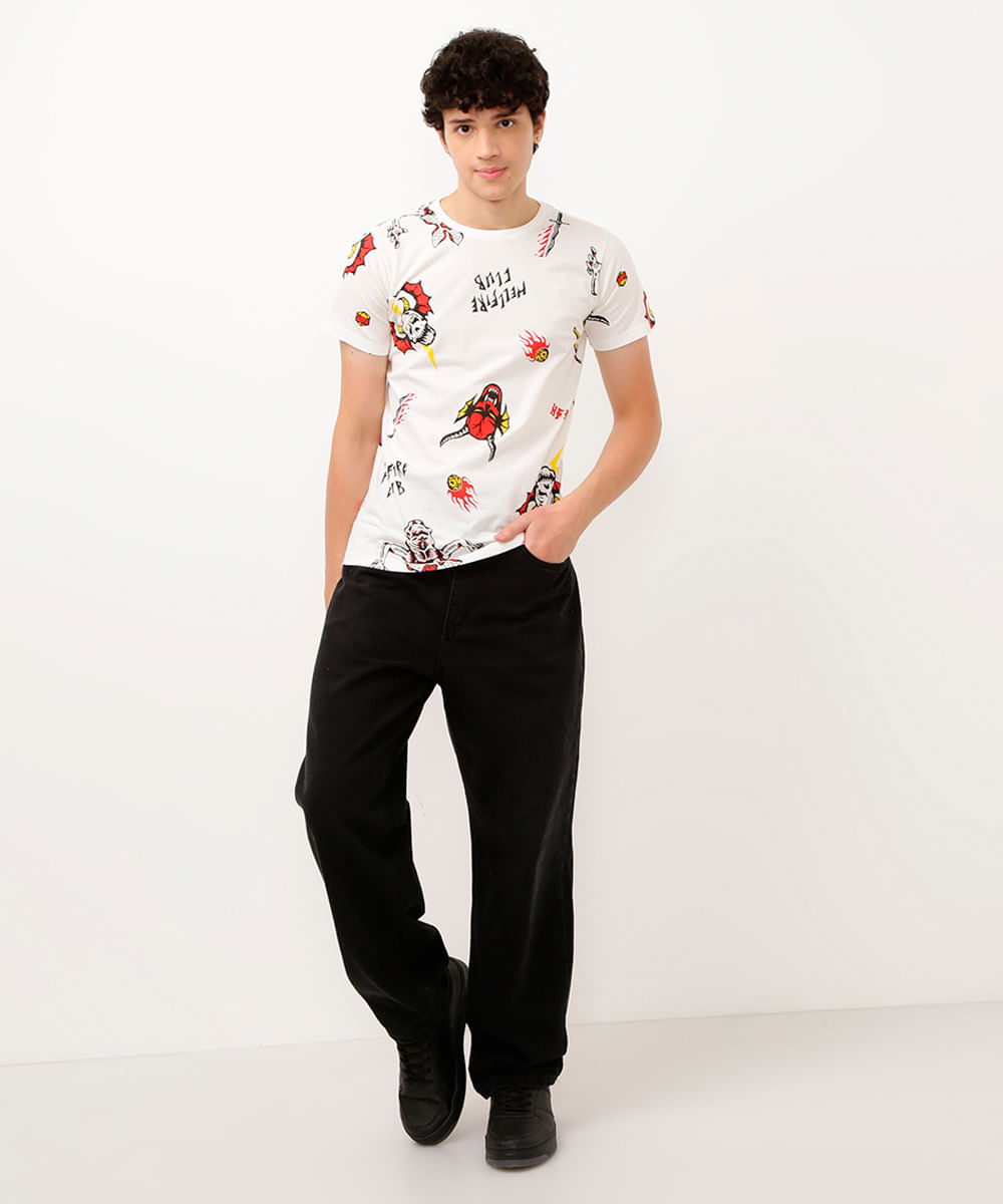 camiseta juvenil de algodão manga curta stranger things off white