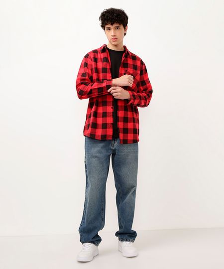 camisa juvenil xadrez flanelado com bolso manga longa vermelho 10