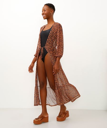kaftan saída de praia longo de tule animal print marrom M