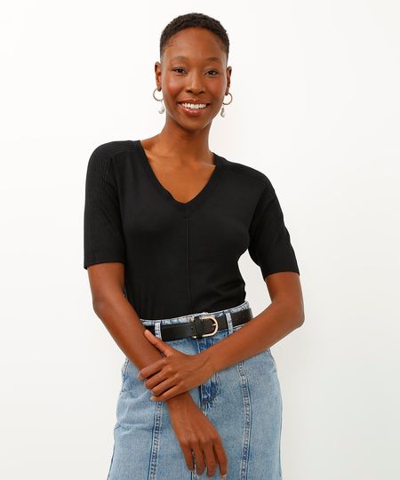 blusa de tricot decote v manga curta preta PP blusa de tricot decote v manga curta preta PP