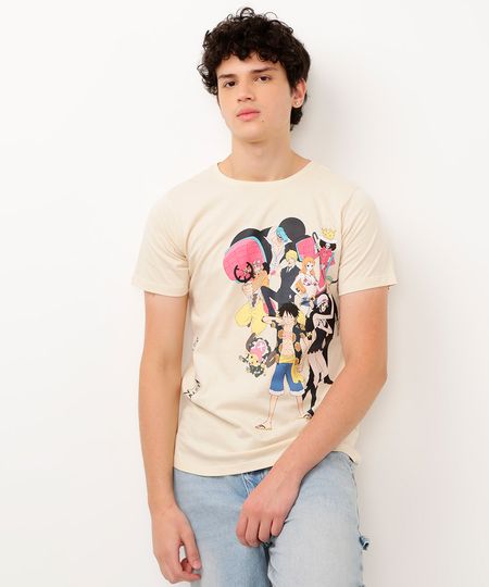 camiseta juvenil de algodão one piece manga curta bege 14