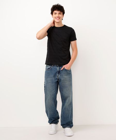 camiseta de algodão juvenil texturizada manga curta preto 12