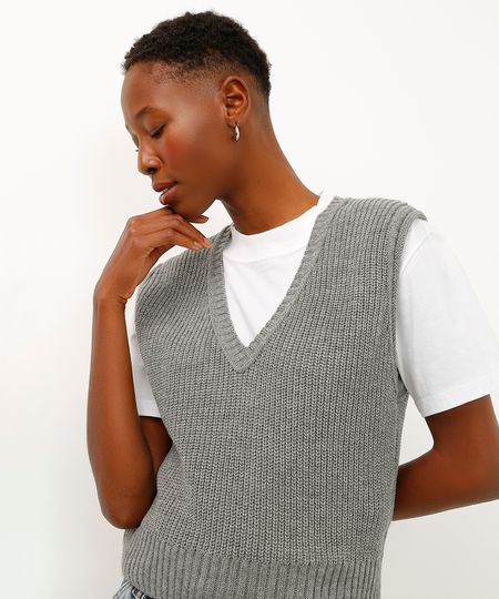 colete de tricot decote v cinza PP