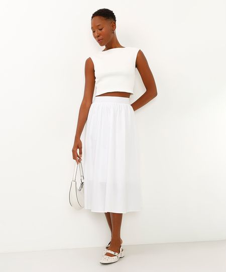 saia midi de algodão cintura alta off white 40