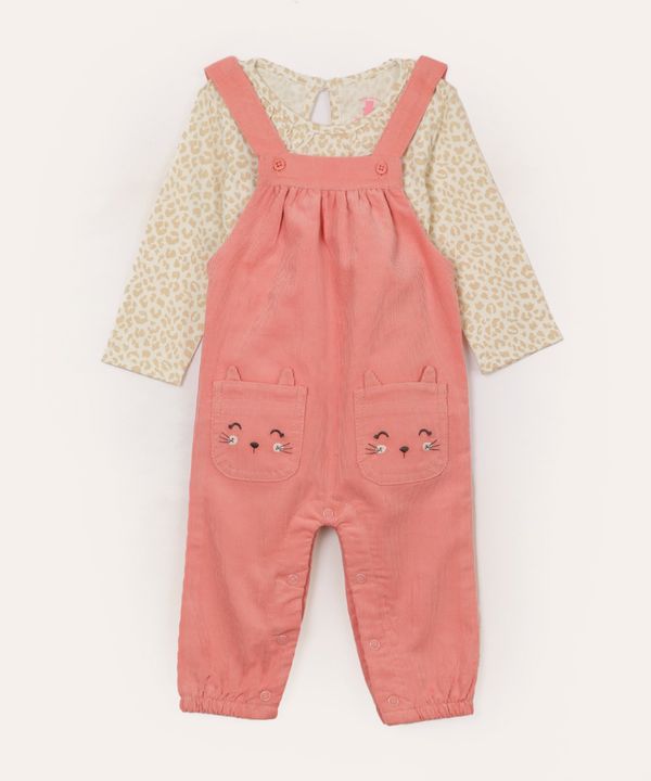jardineira de veludo cotelê gatinha e blusa oncinha rosa 3-6