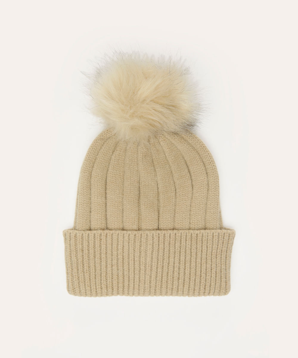 gorro de tricô com pompom bege