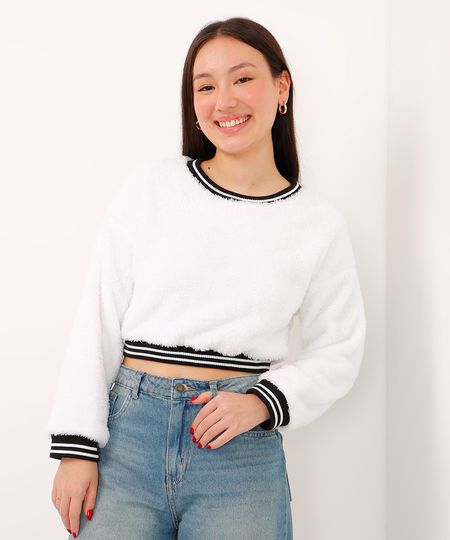 Blusão Juvenil de Tricô Cropped com Listras Off White 12