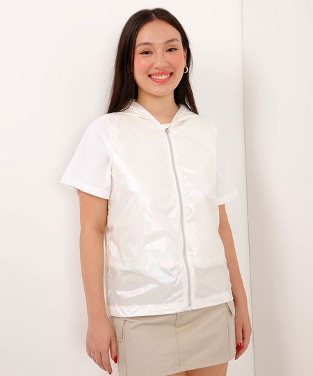 colete juvenil com capuz efeito brilhante off white 10 colete juvenil com capuz efeito brilhante off white 10