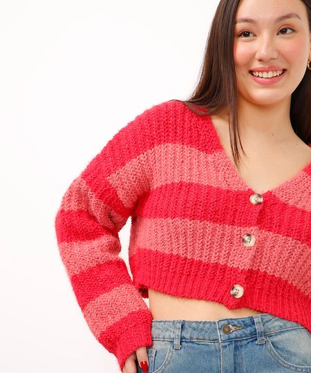 cardigan cropped juvenil de tricot listrado manga longa pink 12