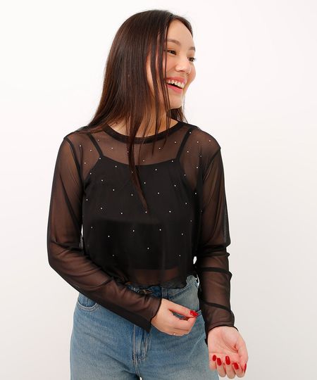 blusa de tule infantil manga longa com brilho preta 10