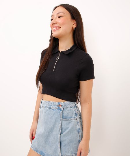 cropped juvenil com zíper manga curta preto 10 cropped juvenil com zíper manga curta preto 10