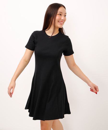 vestido de algodão evasê canelado manga curta preto 10