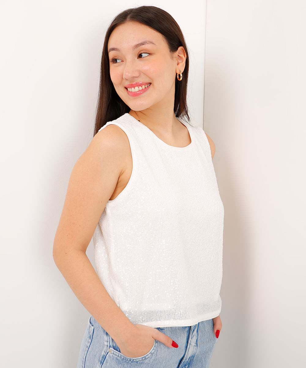 blusa de paetê juvenil alça média off white