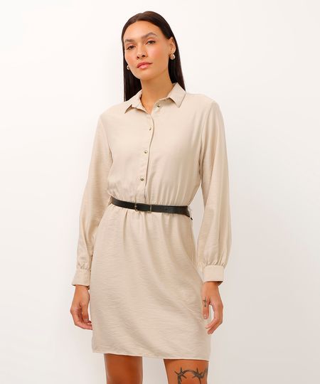 vestido chemise curto com cinto bege claro P