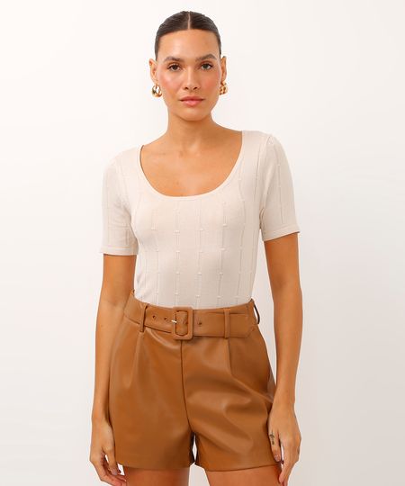blusa de tricot texturizada bege M