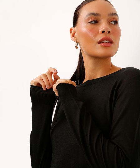 blusa de tricot reta manga longa preta PP