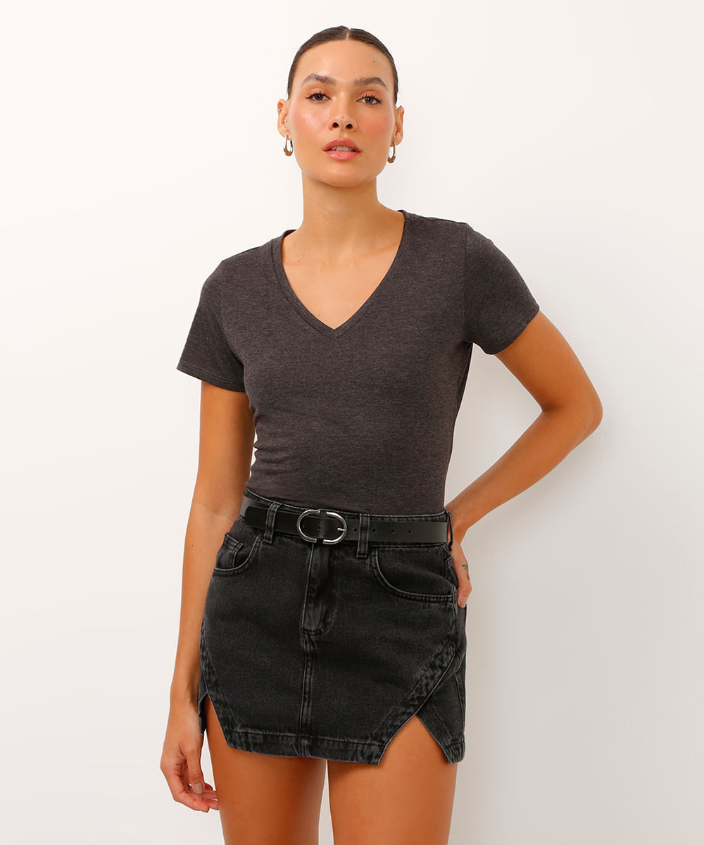 camiseta de algodão peruano decote v - chumbo