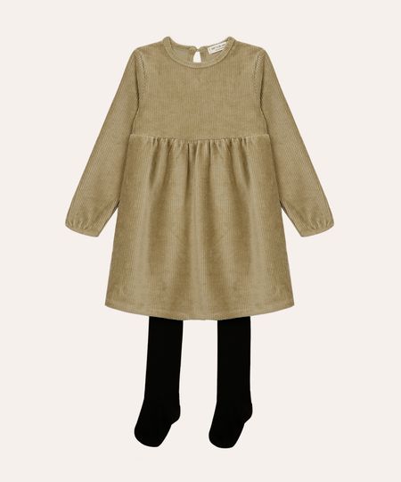vestido de veludo cotelê infantil com meia calça verde militar 1
